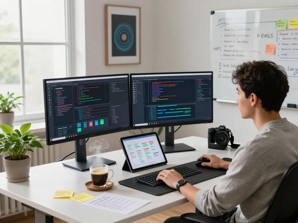 Developer using Clawdbot personal AI assistant at a modern workspace with coding monitors and automation tools.