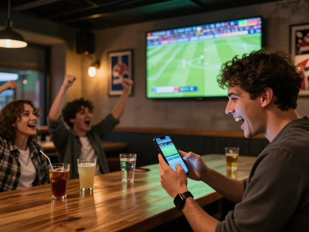 RR88 sports betting excitement with a smartphone during a live match.
