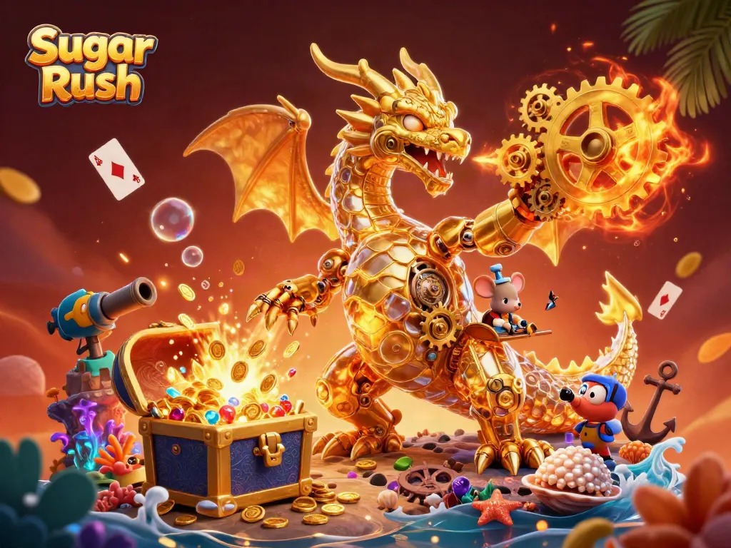 Sugar Rush brings excitement as a golden dragon breathes gears in a vibrant casino scene.