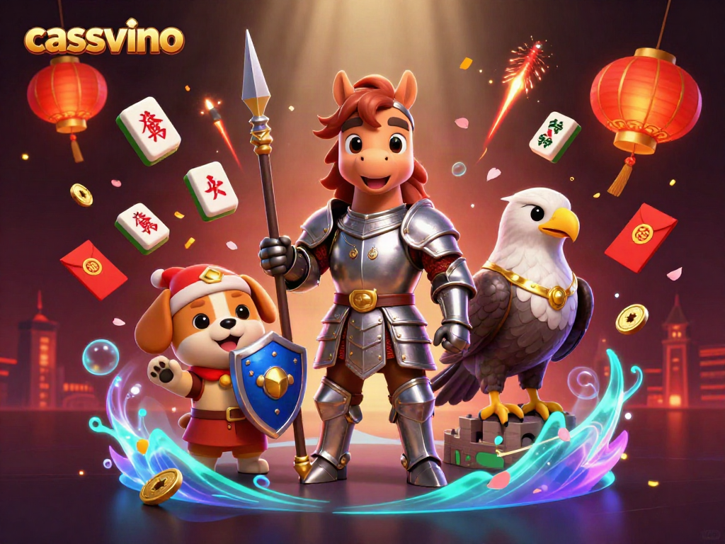 Experience the excitement of casvvino casino with a medieval knight and friends surrounded by festive gaming symbols.