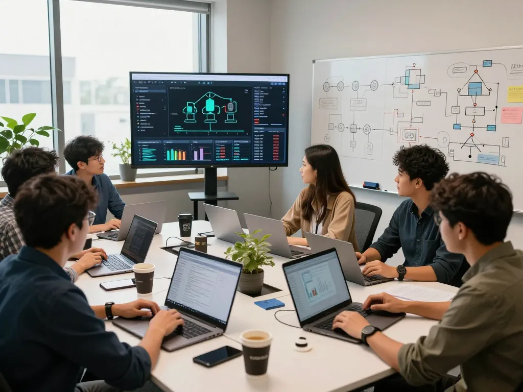Team collaborating on a digital asset mining platform project in a vibrant tech office.