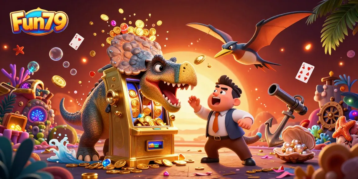 Fun79 captures gaming excitement as a dinosaur interacts with a jackpot slot machine filled with coins.
