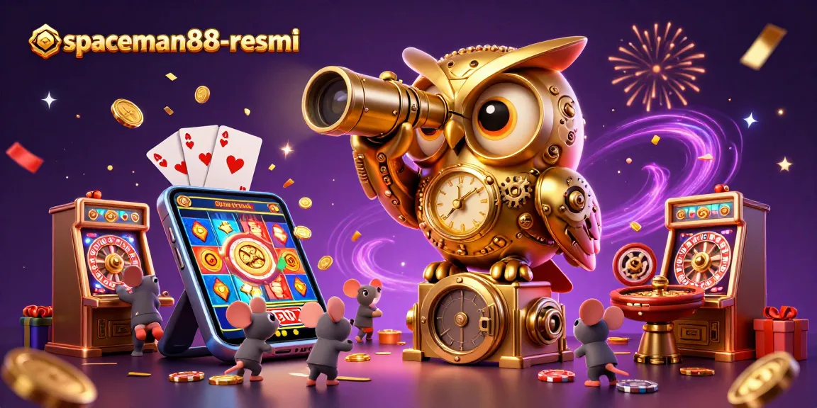 Engage with spaceman88-resmi as the golden owl watches over a bustling casino with lively slots.