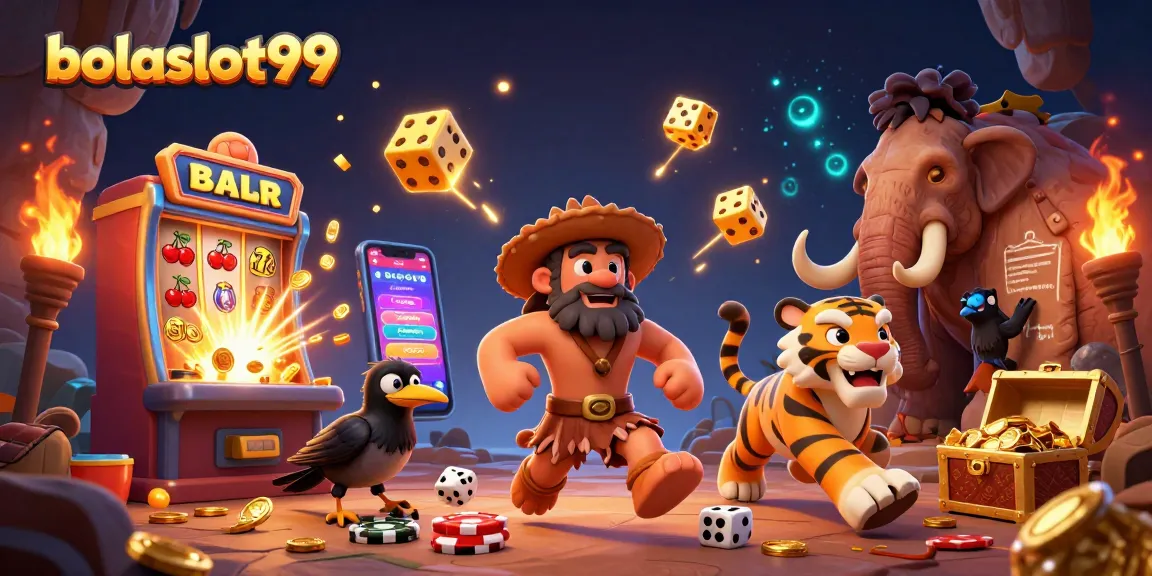 Experience the thrilling jackpots at bolaslot99 with vibrant 3D casino art featuring a caveman duo!