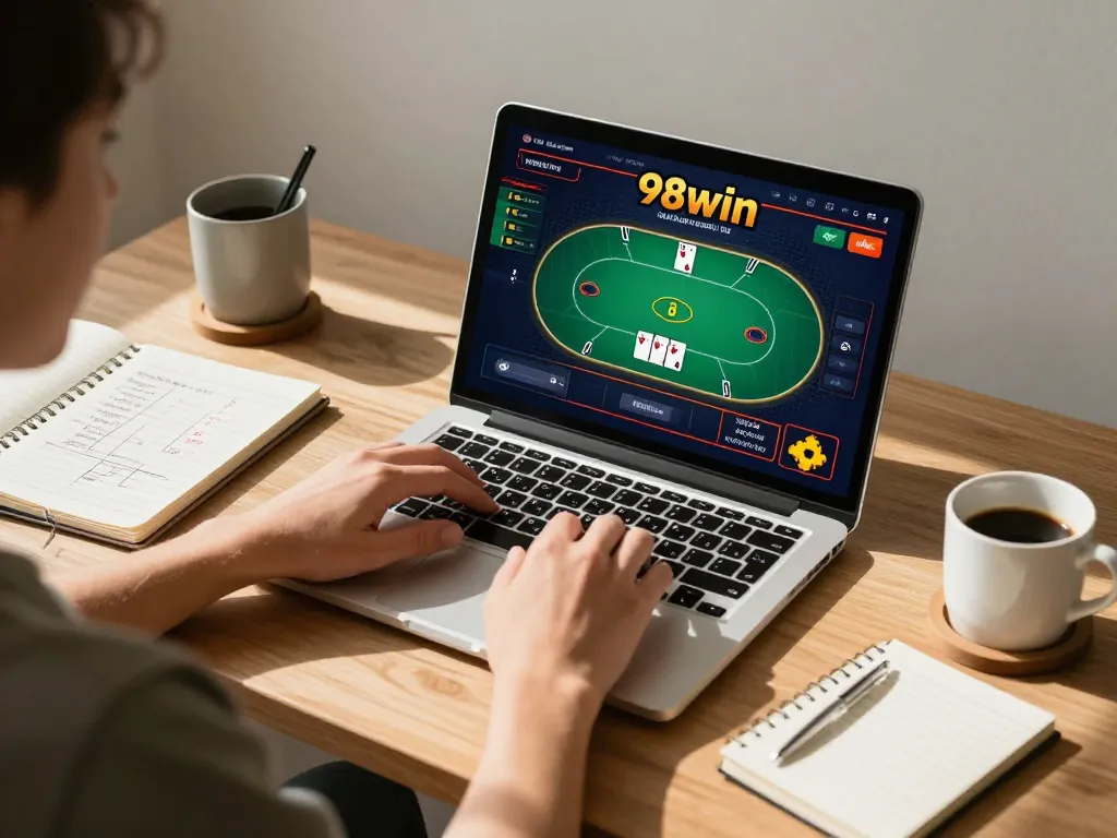 Engaged player enjoying poker on 98win platform during home gaming session.