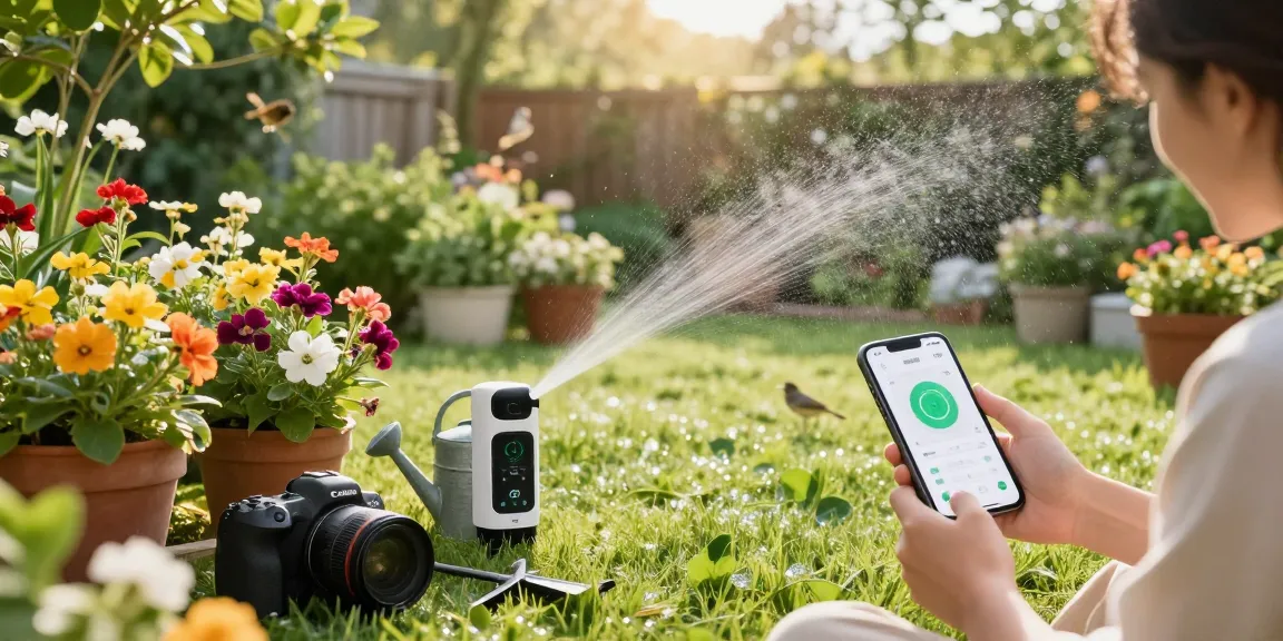 Homeowner using a rainpoint sprinkler timer in a vibrant garden setting.