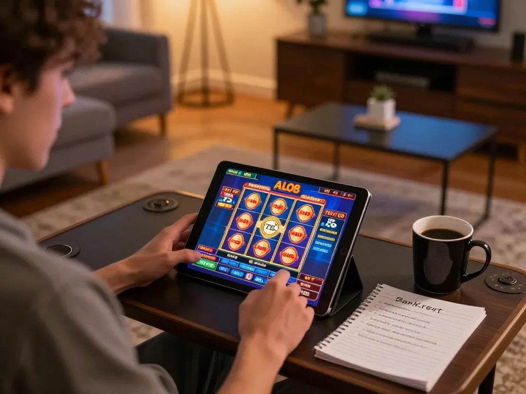 Engaged player enjoying ALO8 online casino slots on a tablet in a cozy home setup.