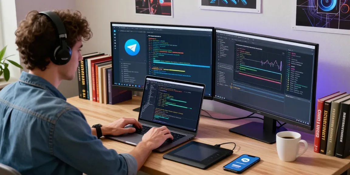 Developer coding 纸飞机中文版 in a vibrant tech workspace with multiple screens.