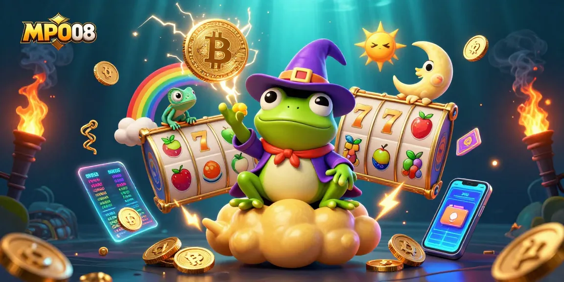 Experience the thrill of MPO08 with a wizard frog and chameleon amidst a vibrant slot scene.
