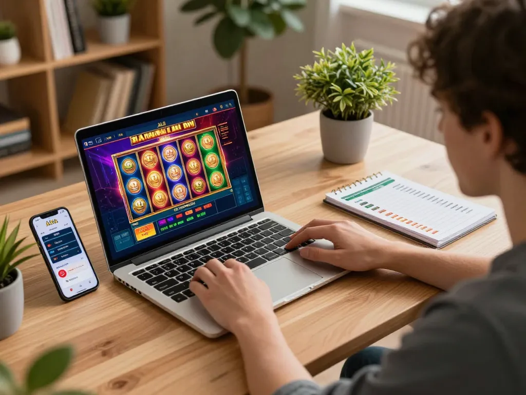 Engaging online gambling session at ALO8 with vivid slot visuals and strategic gaming notes.