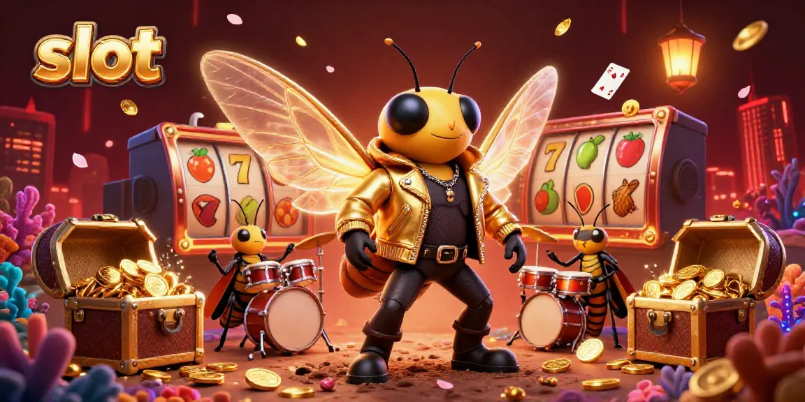Experience the excitement of slot gaming with a vibrant 3D portrayal of a cicada rock star amidst casino visuals.