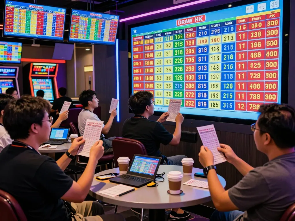 Players excitedly viewing Data HK results in a vibrant Togel Hongkong betting hall.