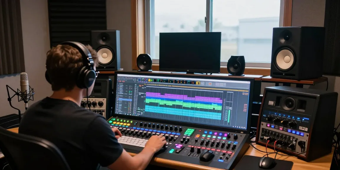 Sound design and audio editing course in an engaging studio setting featuring a sound designer working intently on a digital audio workstation.