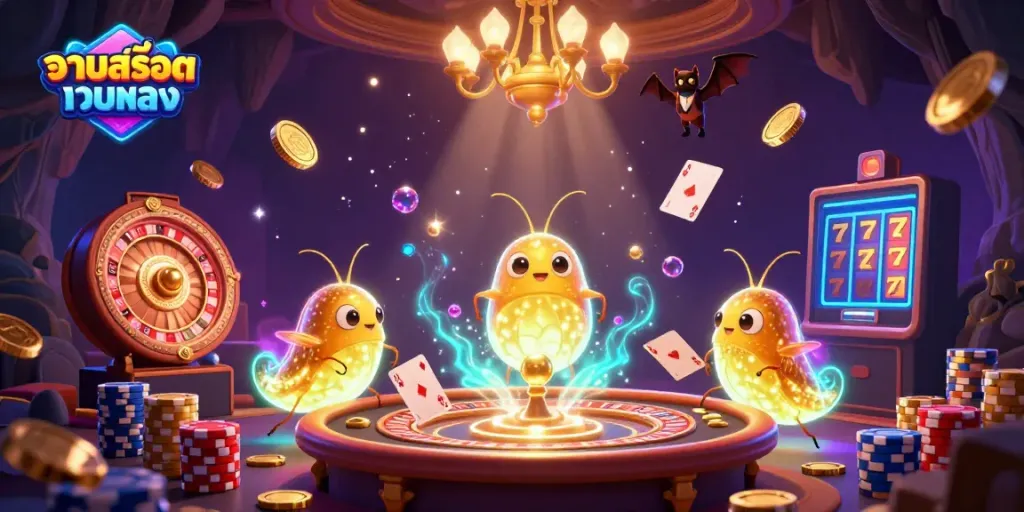 Experience exciting gaming with รวมสล็อตเว็บตรง in a vibrant cave casino illuminated by glowworms.