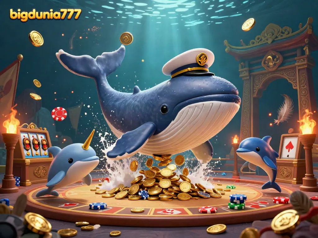 Engage in thrilling gameplay with bigdunia777 as a cartoon whale navigates coins and poker chips.