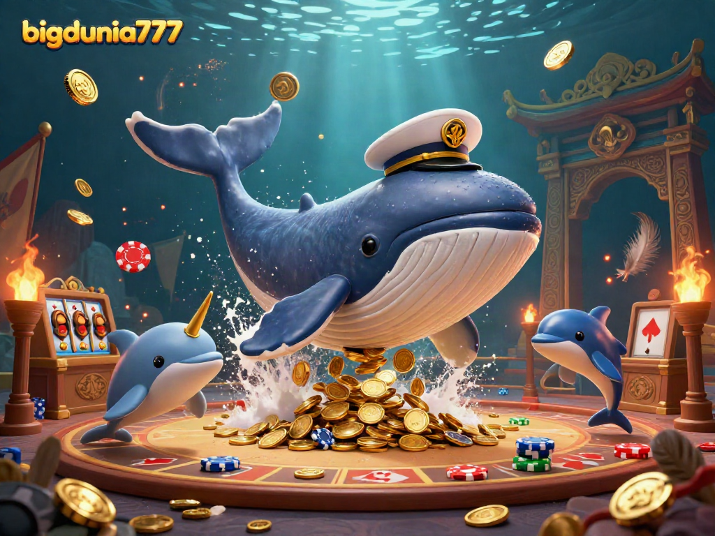 Engage in thrilling gameplay with bigdunia777 as a cartoon whale navigates coins and poker chips.