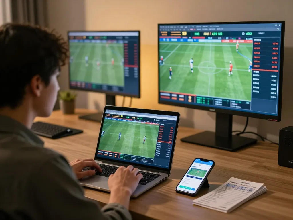Betting enthusiast analyzing odds on keonhacaii88 while managing multiple screens in a modern setup