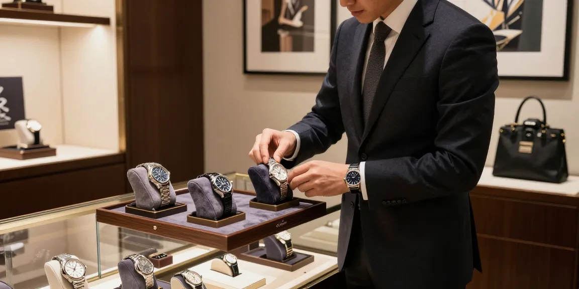 Examine a luxurious replica watch in a boutique showcasing elegance and style