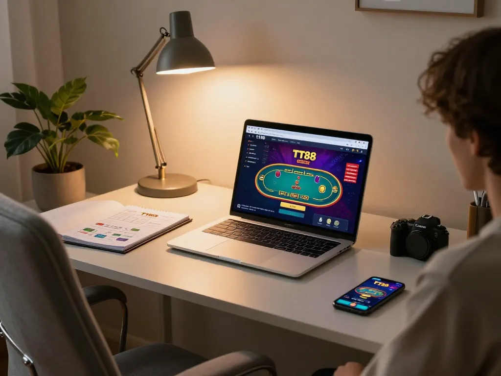 Player engaged with the TT88 online casino interface on a laptop, showcasing strategy and excitement in a modern setup