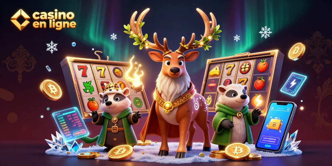 Scène de casino en ligne engageante mettant en scène un cerf druide et un blaireau avec des rouleaux de machines à sous et des éléments crypto.