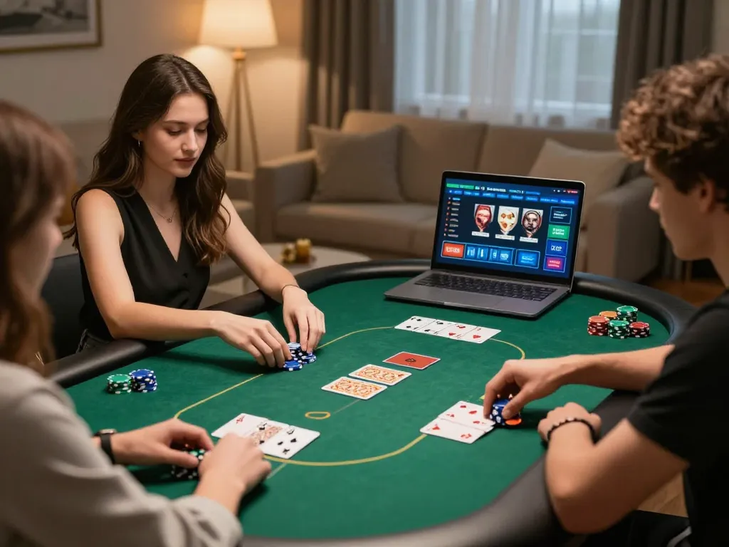 Players engaged in poker while using the vipwin online interface in a cozy home environment.