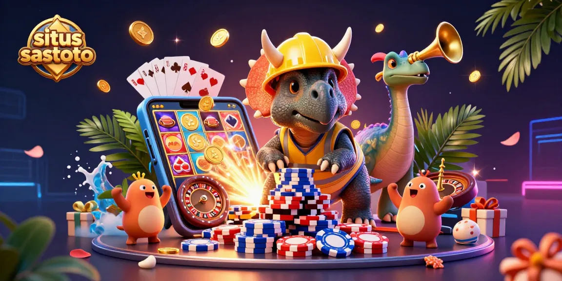 situs sastoto brings excitement with a triceratops building poker chip pyramids in a vibrant casino scene.