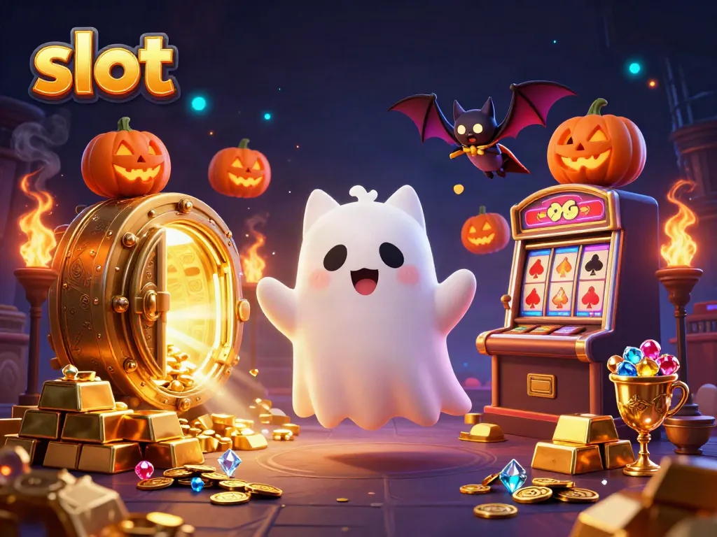 Experience thrilling slot gameplay with a friendly ghost cat amidst glowing jackpots and treasures.