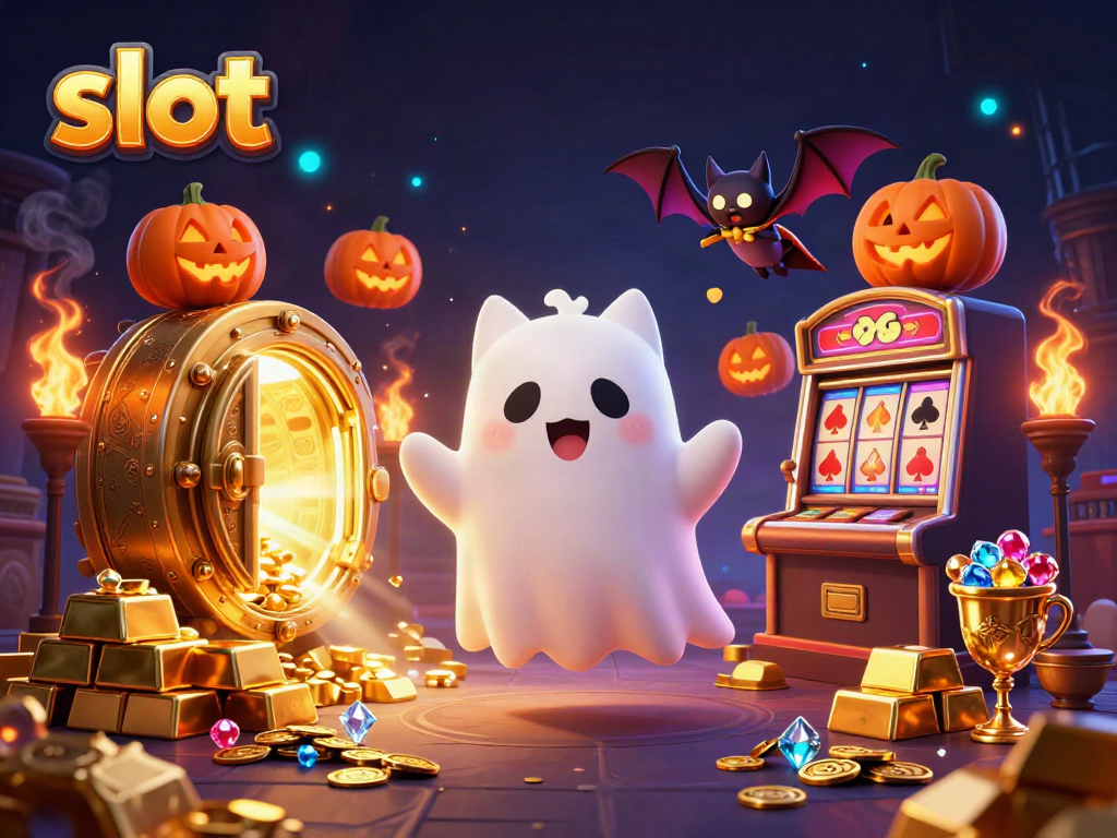 Experience thrilling slot gameplay with a friendly ghost cat amidst glowing jackpots and treasures.