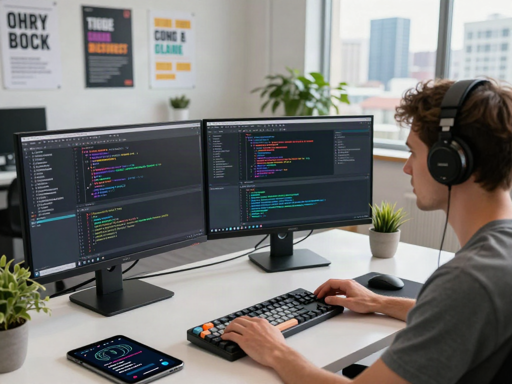 Programmer coding in a modern workspace with bro138 code on screens and vibrant tech decor.