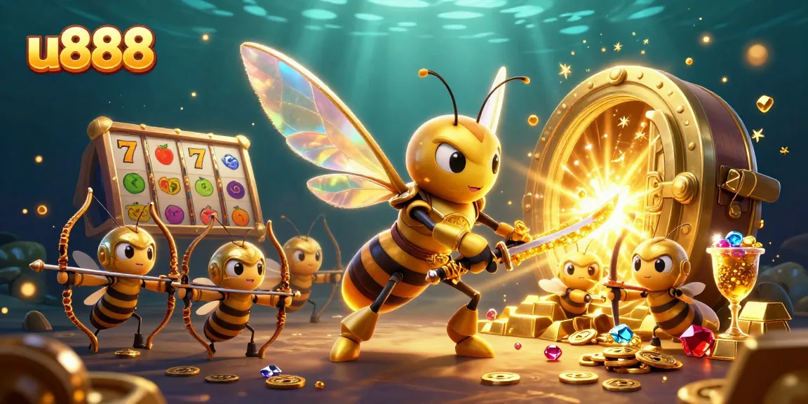 Engage in vibrant u888 online slot action with a golden hornet and lucky 7s in a dazzling casino scene.