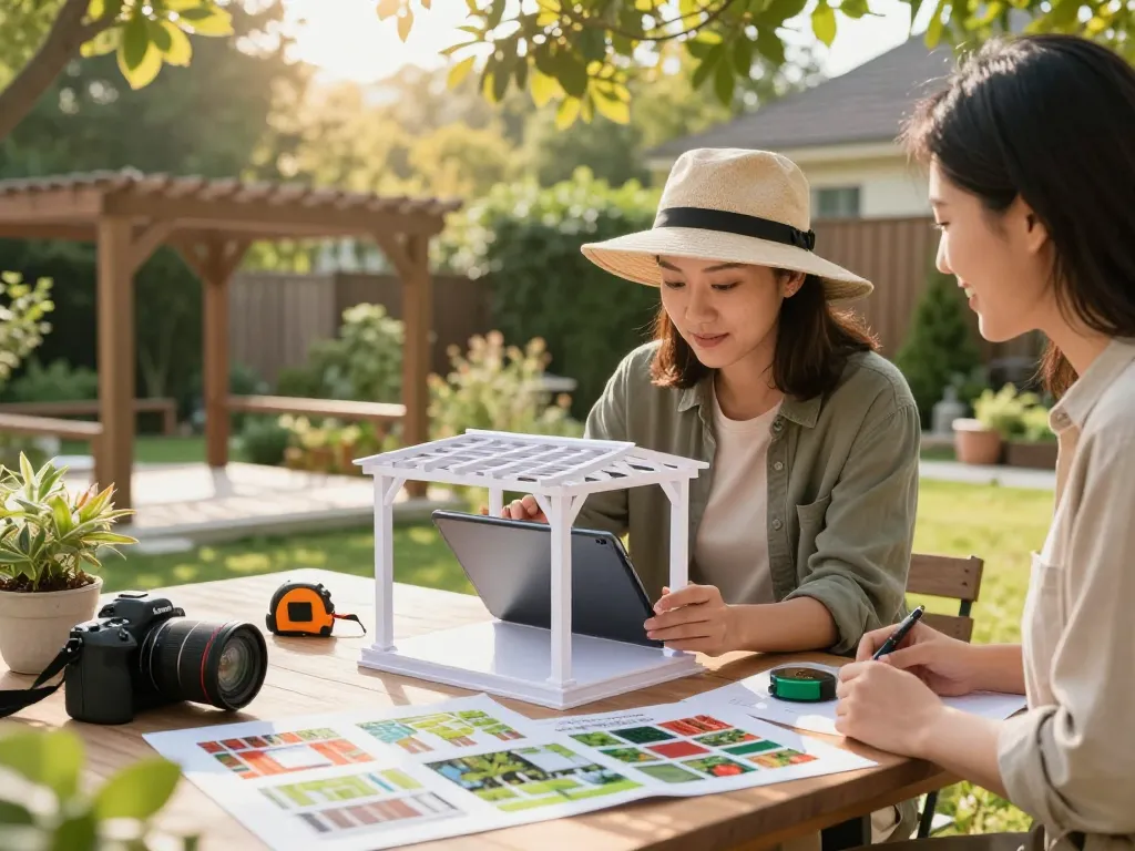 Interactive scene of using Pergola Configurator Software to design a custom pergola outdoors, showcasing vibrant landscaping tools and tablet.