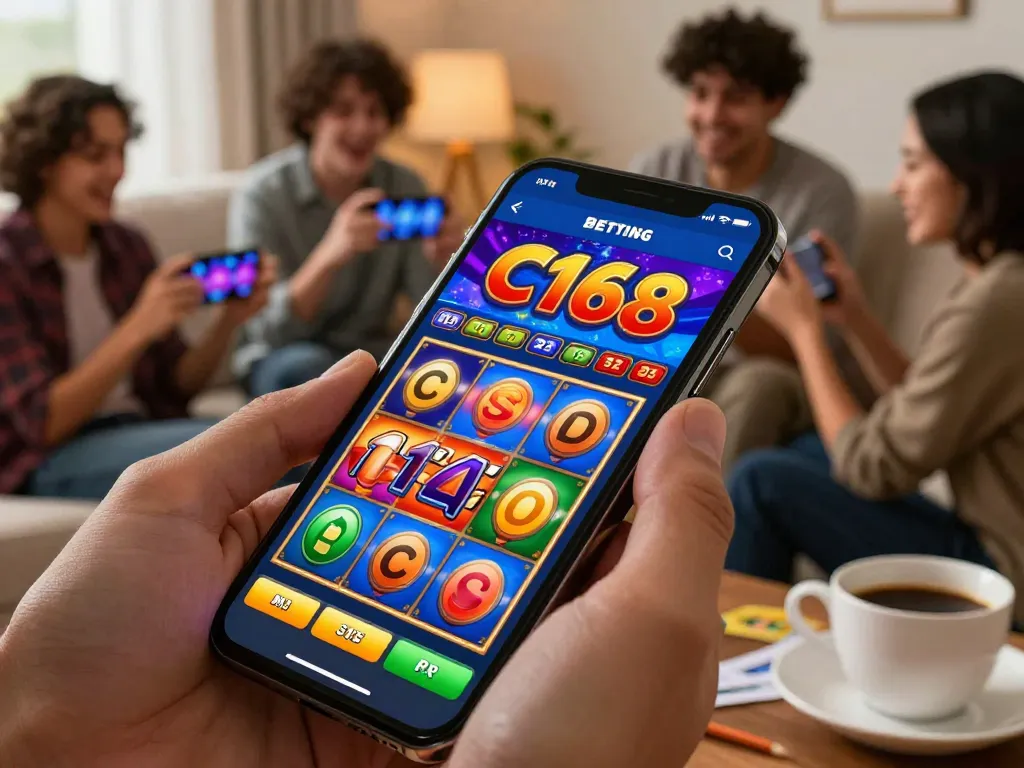 C168 players enjoying online slots on a smartphone with vibrant visuals and cozy atmosphere