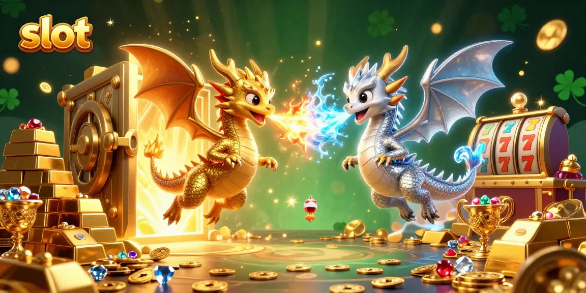Menangkan slot dengan naga berapi dan es, dipenuhi harta dan elemen kasino.