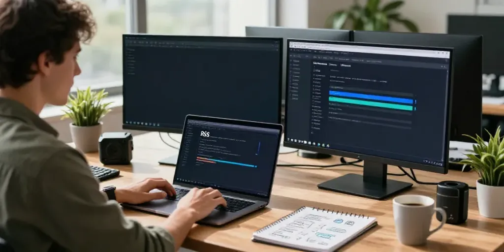 Dynamic workspace featuring a software developer using an RSS content generation service with multiple monitors and tech gadgets.