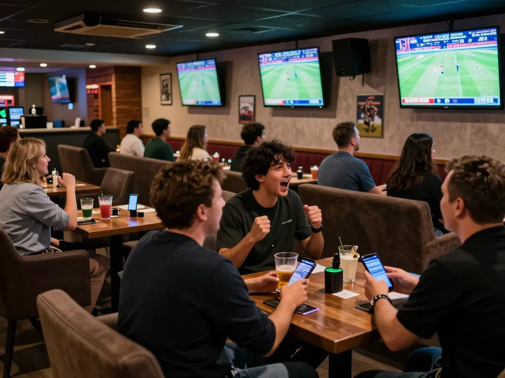 Excited bettors enjoying a vibrant sports betting atmosphere at 789betgo, watching live events