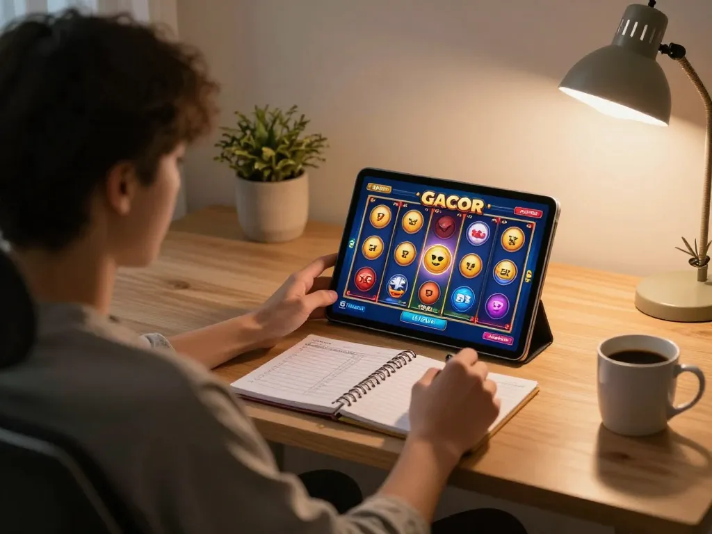 Engaging online slot gacor gameplay displayed on tablet with cozy home ambiance and gaming strategy notes.