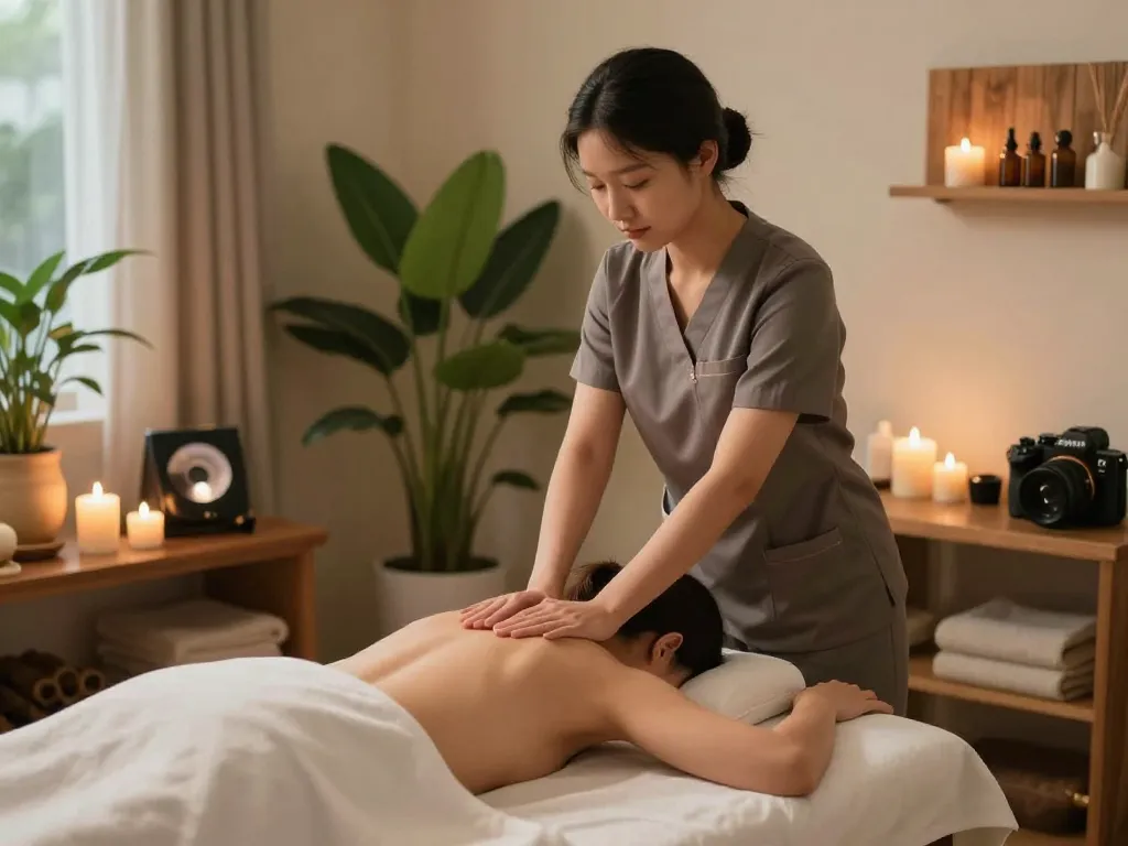 Relaxing 출장마사지 session in serene home environment with essential oils and calming atmosphere.
