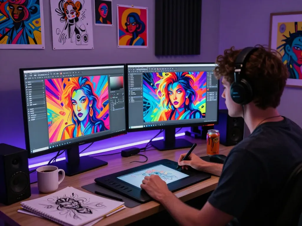 Artist creating provocative NSFW AI content in modern digital workspace filled with vibrant imagery and inspiration.