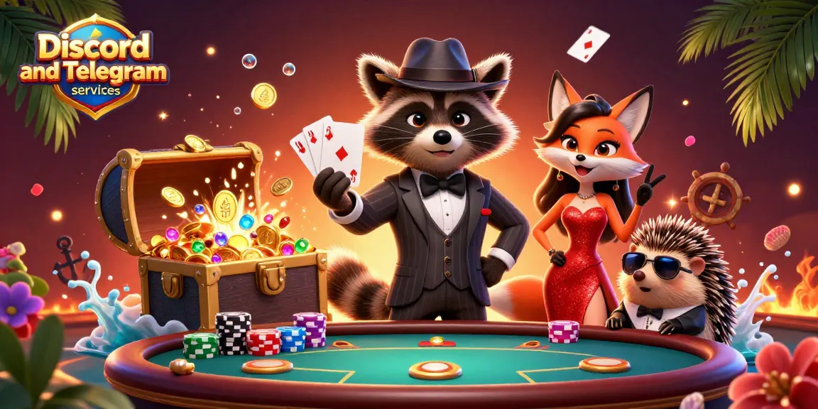 Engage with Discord and Telegram services for a vibrant poker scene featuring detailed 3D characters.