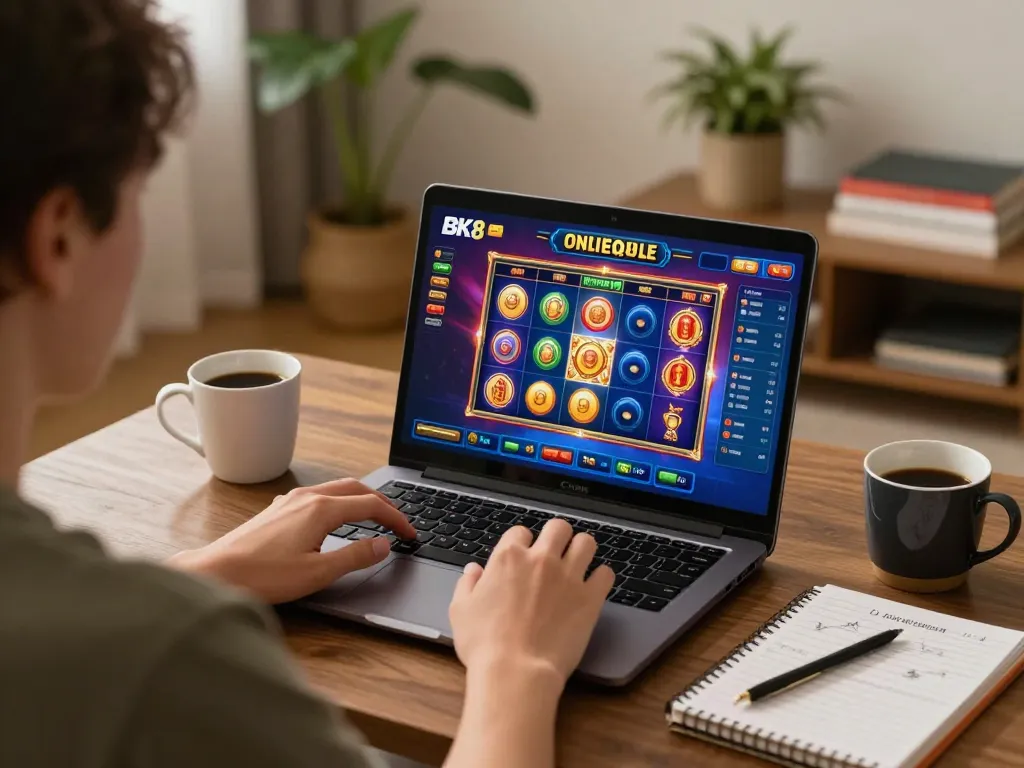 Player enjoying BK8 online casino gaming on a laptop, highlighting vibrant slot interface and strategy notes.