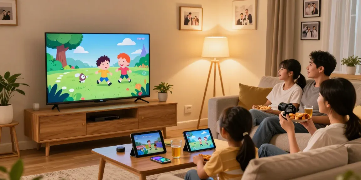 Family enjoying Iron tv streaming in HD on Smart TV with cozy decor.