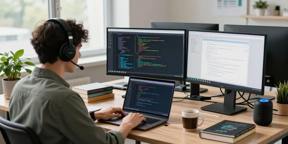 Developer working on telegraimin.com in a modern office with multiple screens and natural light.