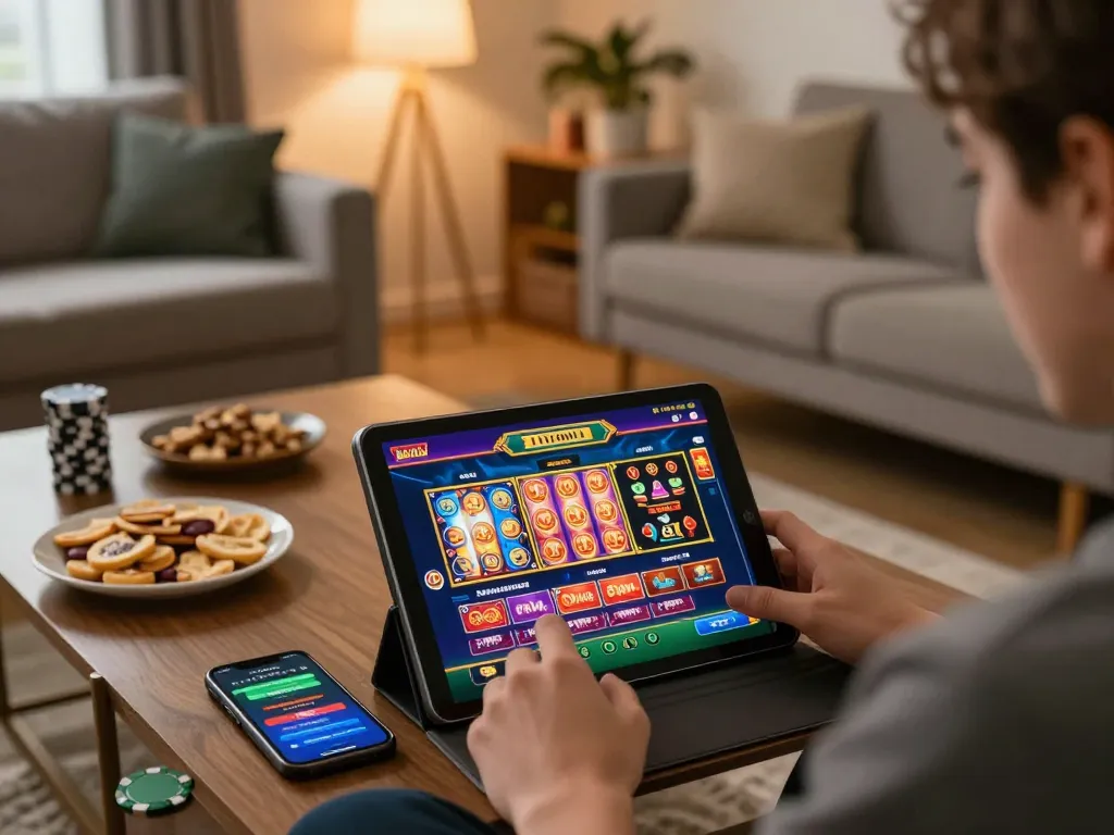 Engaging in thrilling games on the 78wingo casino app while enjoying a cozy home atmosphere.