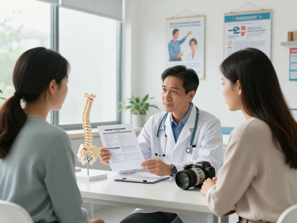 Doctor explaining Bel kayması ameliyatı treatment options to patient in a modern clinic.