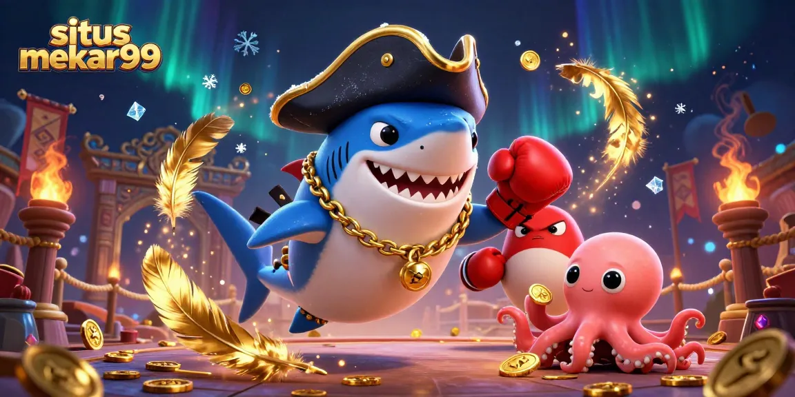 Situs mekar99 showcases a dynamic gambling scene with a pirate shark, pufferfish, and octopus amidst action-packed elements.
