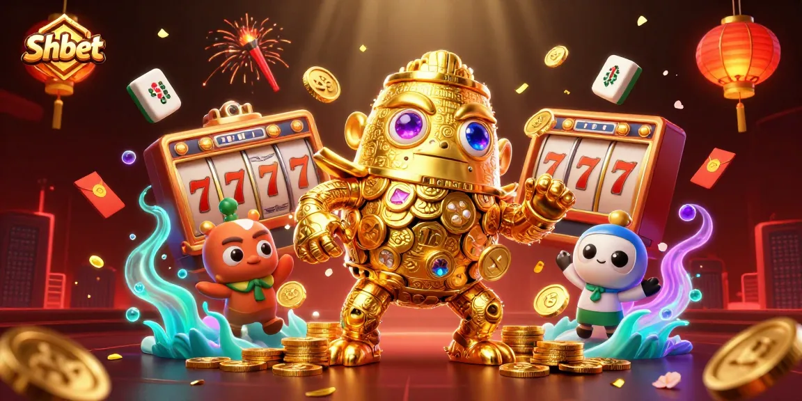 Experience the excitement at Shbet as a golden golem spins jackpot reels amidst floating game elements in a vibrant casino scene.