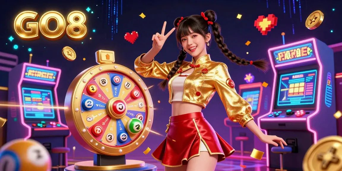 Play exciting games at GO8, featuring vibrant casino elements like colorful lottery balls and a spinning prize wheel.