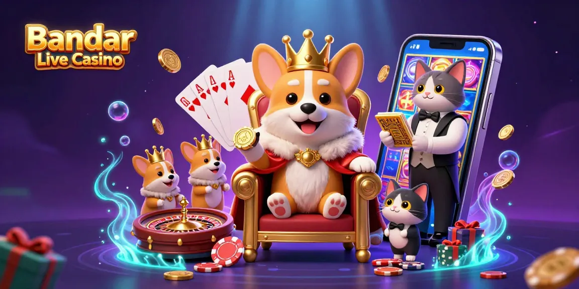 Experience the thrill of Bandar Live Casino with a vibrant scene of 3D characters amid games, chips, and dazzling lights.