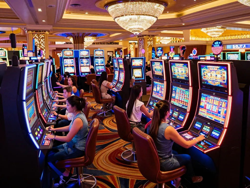 Players spinning slot machines with excitement at XX88 casino, showcasing vibrant neon lights and elegant decor