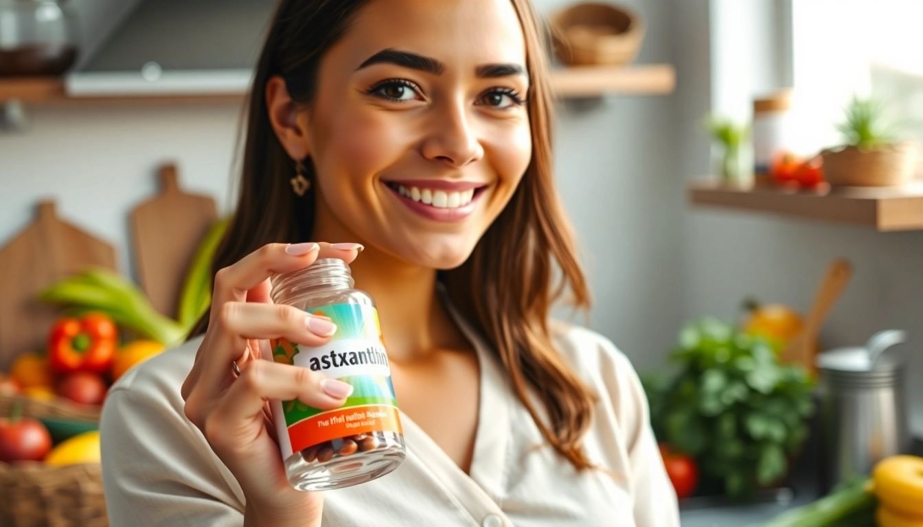 Promote the benefits of astaxanthin for inflammation with a woman showcasing supplements.